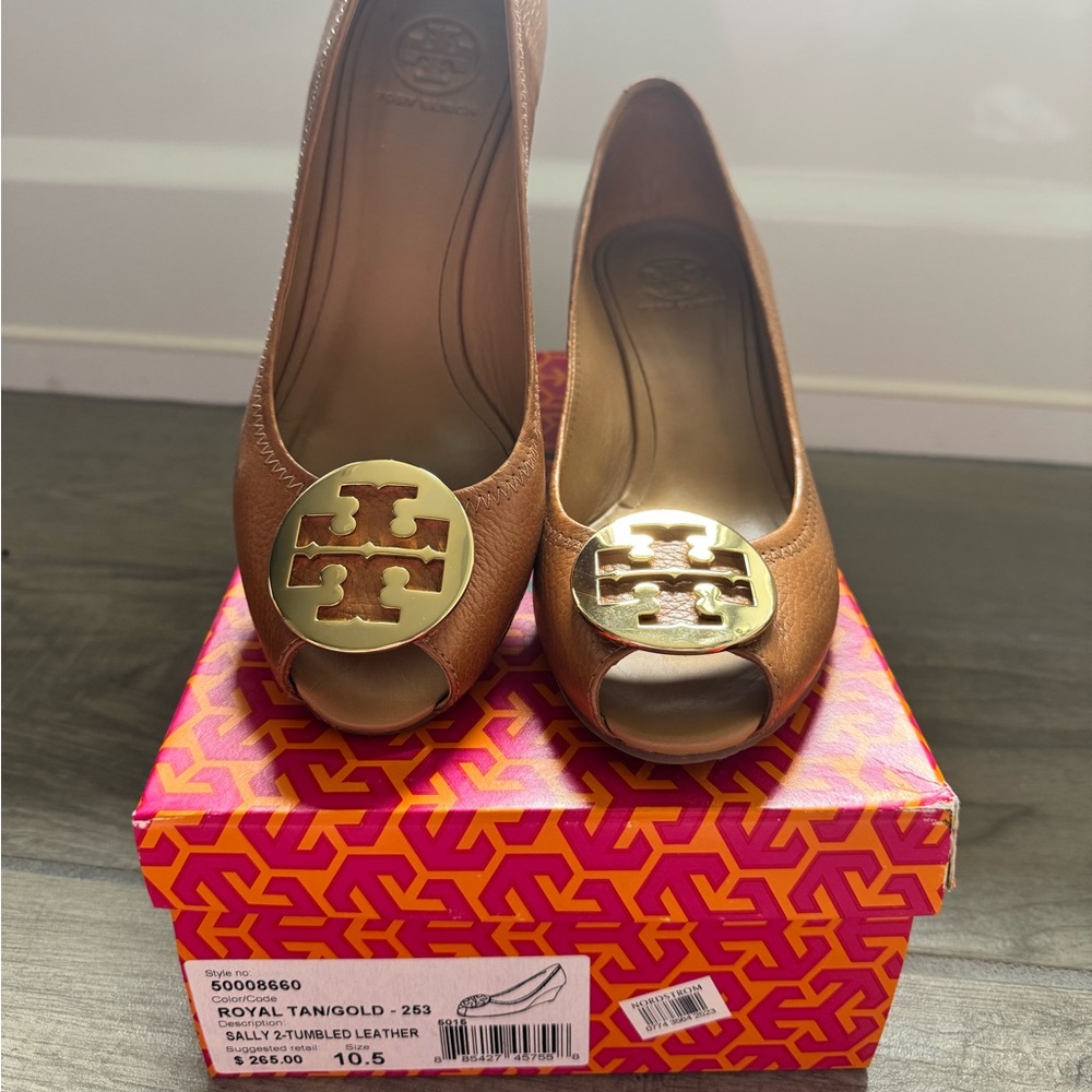 Tory Burch Sally 2 Tumbled Leather Tan Peep-Wedge with Gold Emblem